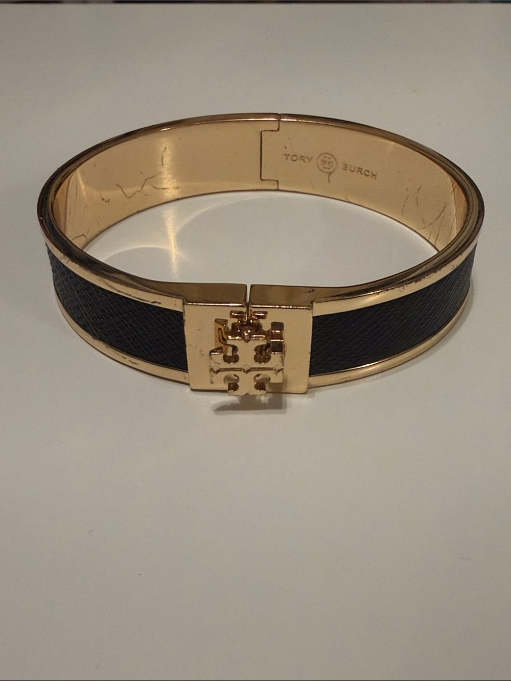 Tory Burch Navy Leather Inlay Gold Logo Hinged Bangle